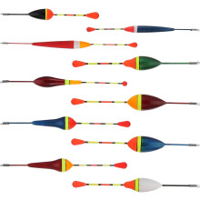 Juego de 10 flotadores de pesca con tamaños variados, boyas de espuma y accesorios de pesca.