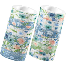 12 Rollen blaues Rosen-Washi-Tape-Set, Vintage-Blumen-Dekorationsklebeband zum Scrapbooking