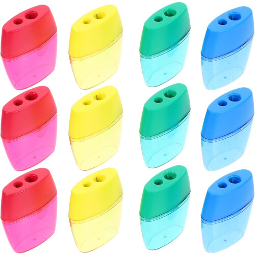 12pcs Manual Double Hole Pencil Sharpener Comfortable Grip, Plastic Handheld Sharpener in Assorted Colors
