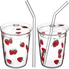 Hitzebeständige Glasbecher 350 ml mit Deckel und 2 Trinkgläser mit Erdbeermuster, stilvoll