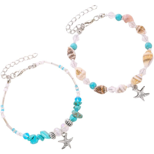 2pcs Shell pulseiras tornozelos com contas turquesa e charme estrela do mar,