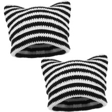 2pcs Cat Striped Beanie for Women Soft Knitted Winter Hat Handmade Crochet Cap