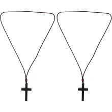 2-teiliges Set aus Holzkreuz-Halskettenanhängern mit schwarzer Ebenholzkordel, christlicher Gebetsschmuck