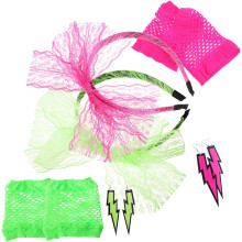 2er-Set Retro-Party-Accessoires: Spitzen-Haarreif mit Schleife, Neon-Ohrhänger für Damen, fingerlose Netzhandschuhe im Vintage-Stil