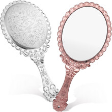 Handheld Vintage Embossed Hand Mirror Set of 2, 25x11.5cm Silver and Rose Gold