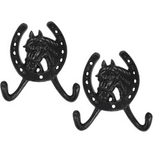 2 Stück dekorative Wandhaken in Form von Pferdeköpfen und Hufeisen aus Gusseisen