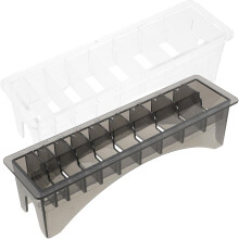 2-delige organizer voor haaraccessoires: opbergdoos voor tondeuse en kamhouder, inclusief standaard voor tondeuse en schuifmaat.