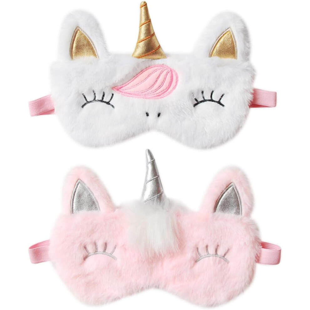 Hkhbjs White/Pink 2Pcs Plush Fluffy Cartoon Unicorn Sleep Eye Mask Lightweight Comfortable Eye Cover