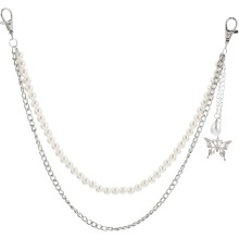 2 piezas de cadena para cintura con mariposas plateadas, perlas hechas a mano, accesorio de moda para pantalones, joyería decorativa para el cuerpo.