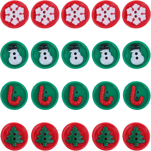 20 Pcs Flat Sewing Buttons Christmas DIY Set with Snowman, Christmas Tree Snowflake Patterns