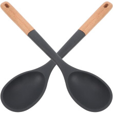 2 Silikon-Küchenlöffel, Servierlöffel, große Größe, Holzgriff