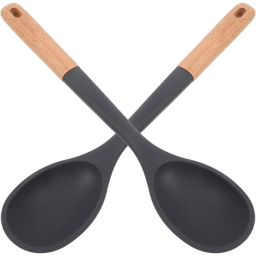 2 Silikon-Küchenlöffel, Servierlöffel, große Größe, Holzgriff