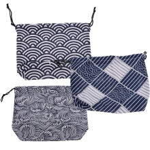 3er-Set wiederverwendbare Lunchtaschen mit Kordelzug im japanischen Stil aus weichem, isoliertem Polyester