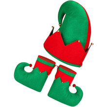 3-teiliges Set Weihnachtsmützen-Schuhe für Party-Cosplay-Kostüme, Elfenschuhe im Elfenstil, Mützenkostüm für Bälle