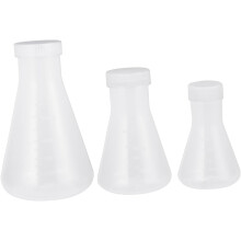 Lot de 3 flacons coniques en plastique pour expériences de laboratoire, destinés aux étudiants en chimie.