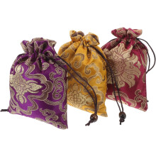 Lot de 3 pochettes de rangement pour bijoux en brocart tibétain avec cordon de serrage, pochettes de voyage multi-usages