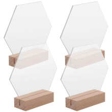 4 Stück leere Tischschilder aus Acryl, sechseckig, mit Holzsockel, elegante sechseckige Form