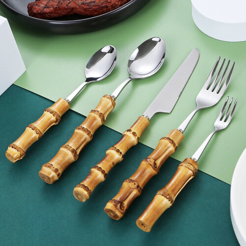 Natural Bamboo Handle Western Tableware Set: Steak Knife, Fork & Spoon, Creative Cake & Dessert Forks 1