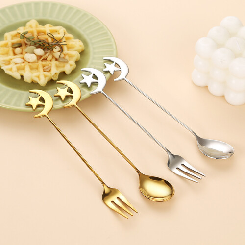Stainless Steel Star Moon Spoon Fork Set 4-Piece Creative Coffee Stirring Dessert Fruit Tableware 1