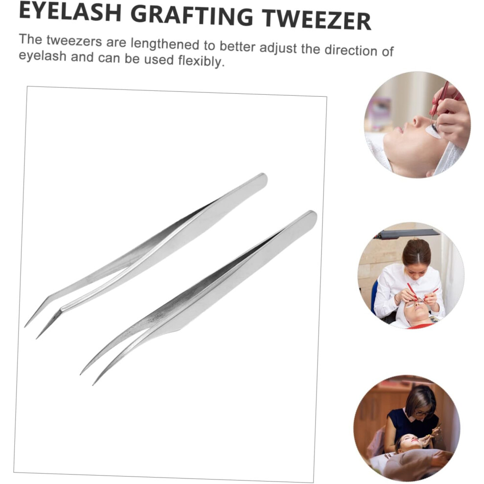 Hkhbjs Silver 2Pcs Eyelash Grafting Tweezers Stainless Elbow Tweezers For False Eyelash Extensions In Beauty Salon