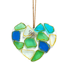 Blue Green White Sea Glass Heart Shaped Pendant Ornament-Blue