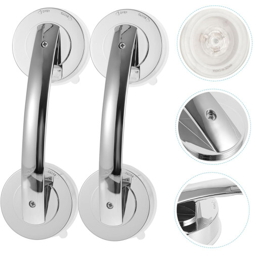 2 Pcs Glass Door Suction Grip Bars with Screws Silver Bathroom Door Pulls and Window Knobs Set 2