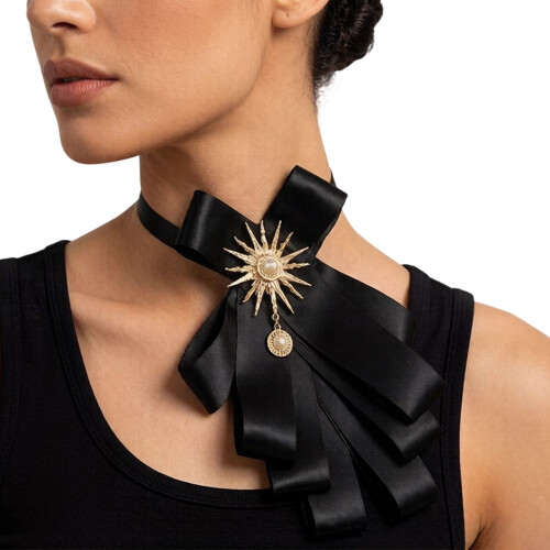 Collier à nœud papillon en fausses perles à la mode,-Noir