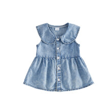 (4-5 Years, Blue) Little Girl Denim Babydoll Tops Casual Sleeveless Doll Collar Button-up Ruffled Hem Jean Blouse for Summer