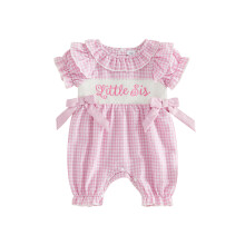 (Newborn, Pink 1) Newborn Baby Girl Plaid Romper with Bows Letter Embroidered Ruffled Short Sleeve Smocked Bubble Jumpsuit for Summer Spring