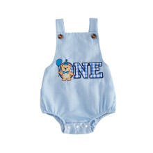 (12-18 Months, Blue) Baby Boy First Birthday Romper Fashionable Bear Letter Embroidery Sleeveless Summer Jumpsuit