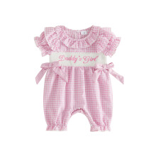 (0-3 Months, Pink 2) Newborn Baby Girl Plaid Romper with Bows Letter Embroidered Ruffled Short Sleeve Smocked Bubble Jumpsuit for Summer Spring