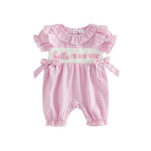 (Newborn, Pink 3) Newborn Baby Girl Plaid Romper with Bows Letter Embroidered Ruffled Short Sleeve Smocked Bubble Jumpsuit for Summer Spring