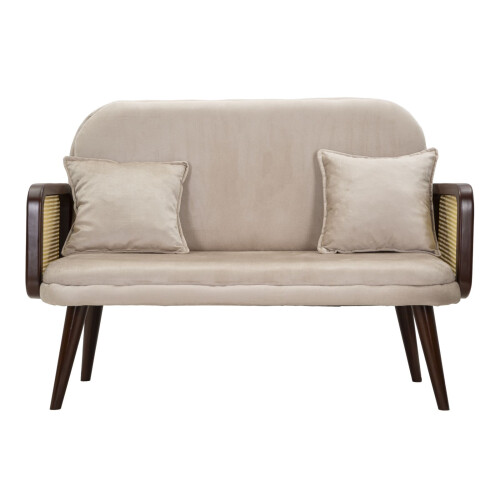 Divano in tessuto beige con braccioli in legno cm 131x80x93 1