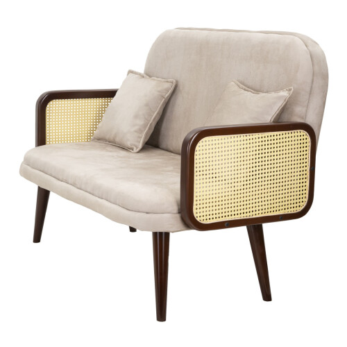 Divano in tessuto beige con braccioli in legno cm 131x80x93 2