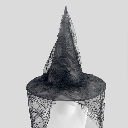 (Black) Halloween Witch Hat with Spider Web, Adult Pointed Wizard Hat Prop 2