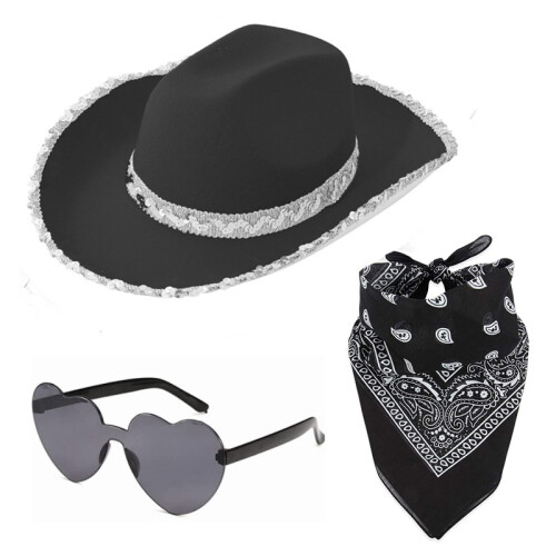 (Pink) Set composto da cappello da cowboy rosa con paillettes, cappello nero/bianco/rosso, occhiali e sciarpa 1