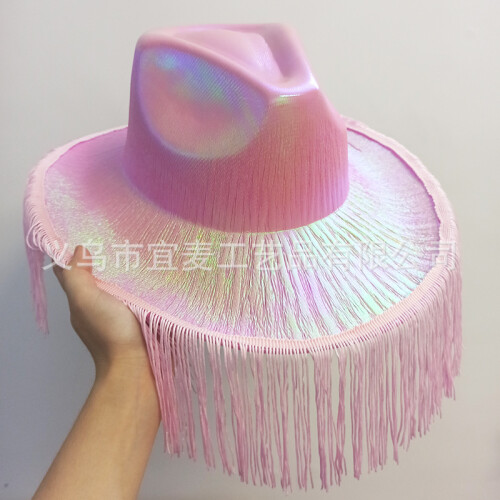 (Fuchsia) Cappello da cowboy western con nappe colorate e tesa rosa fluorescente per feste. 2