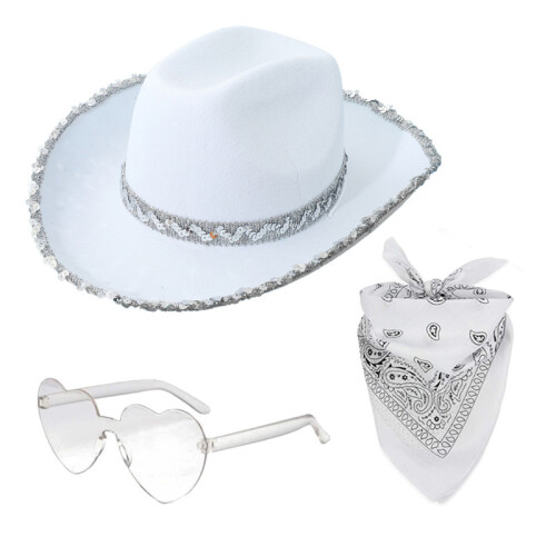 (Pink) Set composto da cappello da cowboy rosa con paillettes, cappello nero/bianco/rosso, occhiali e sciarpa 2