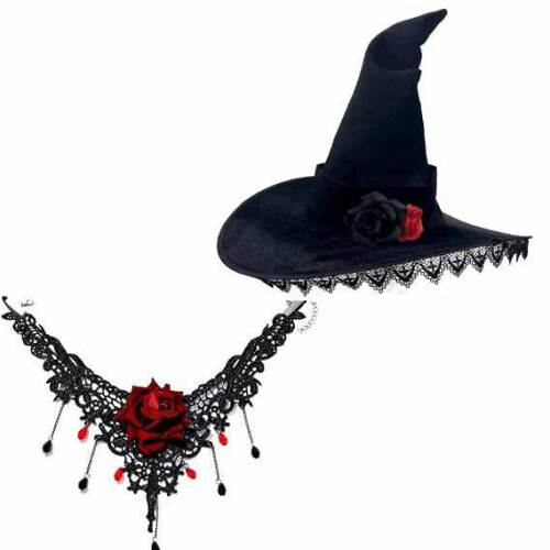 (Set Three) Halloween Gothic Witch Hat Tulle Lace Stage Performance Rose Necklace 2