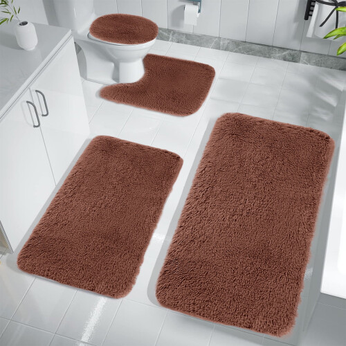 Set di 4 tappeti da bagno – Velluto marrone, antiscivolo e 2
