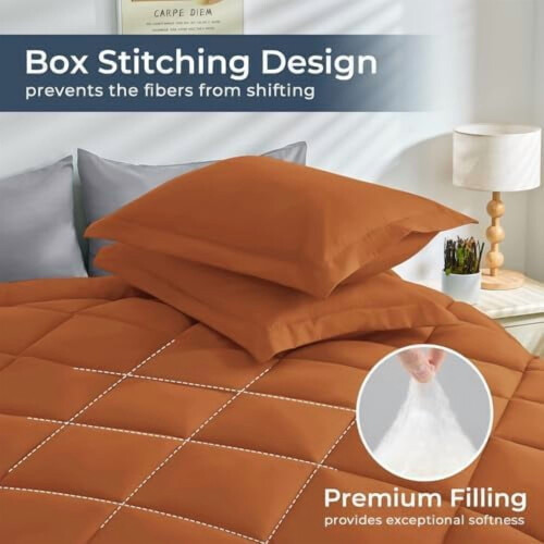 Queen Comforter Set Ultra Soft Orange Light Grey 7-Piece 1