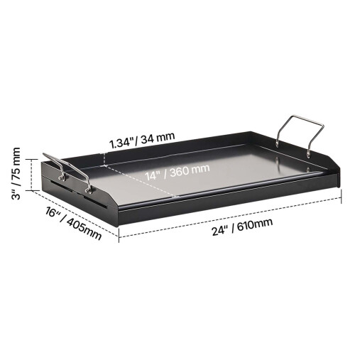 Carbon Steel Griddle 24x16 Inch Flat Rectangular Plate with 2