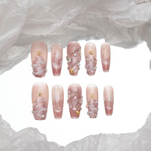 Sun&Beam Nails Handmade Press-on Medium Long Coffin Ballerina Pink White Silver Christmas 3D Sweet Design Fashion False Nail Tips 10 Pcs Set (#196 L)