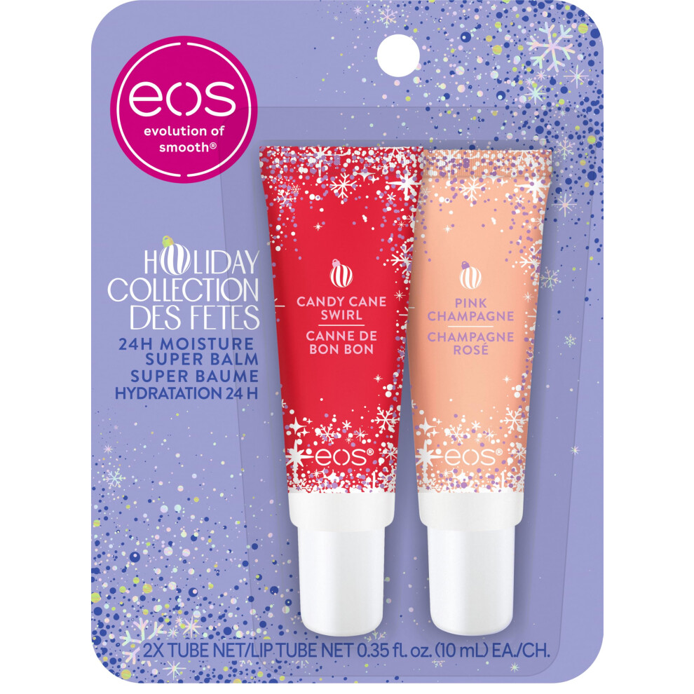Eos Holiday 24H Moisture Super Balm Gift Set, Pink Champagne & Candy Cane Swirl, Limited Edition, Stocking Stuffers, Holiday Lip Mask, 0.35 Fl Oz, 2-P