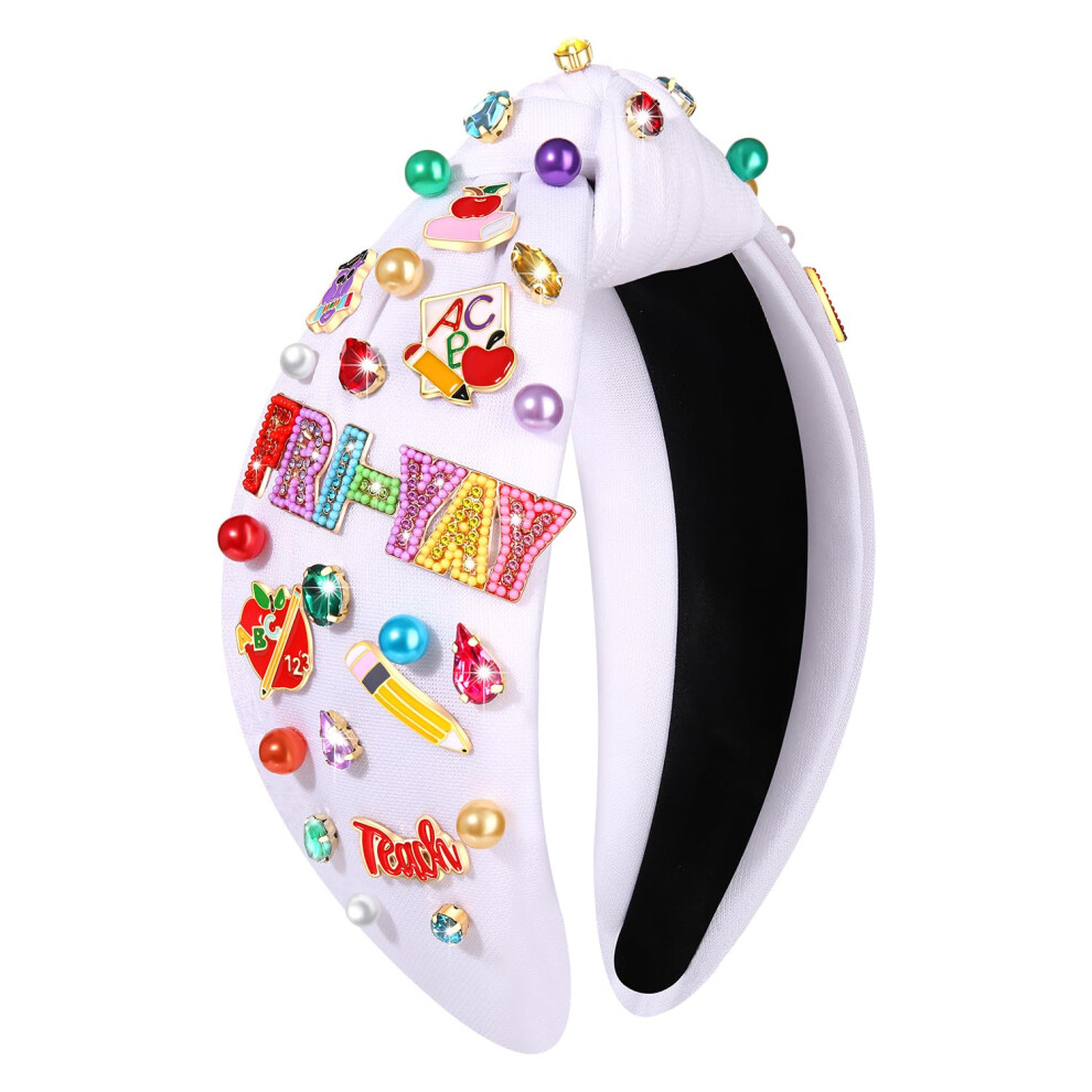 Nvenf Unisex White Teacher Headband For Women Colorful Fri-Yay Pencil Headbands Crystal Pearl Jeweled Knotted Headbands Back To School Headband Teacher Appreciatio