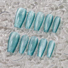 Sun&Beam Uñas Presionadas Hechas a Mano Ballerina Azul Medianas Largas 10 Pcs Set (#250 S)