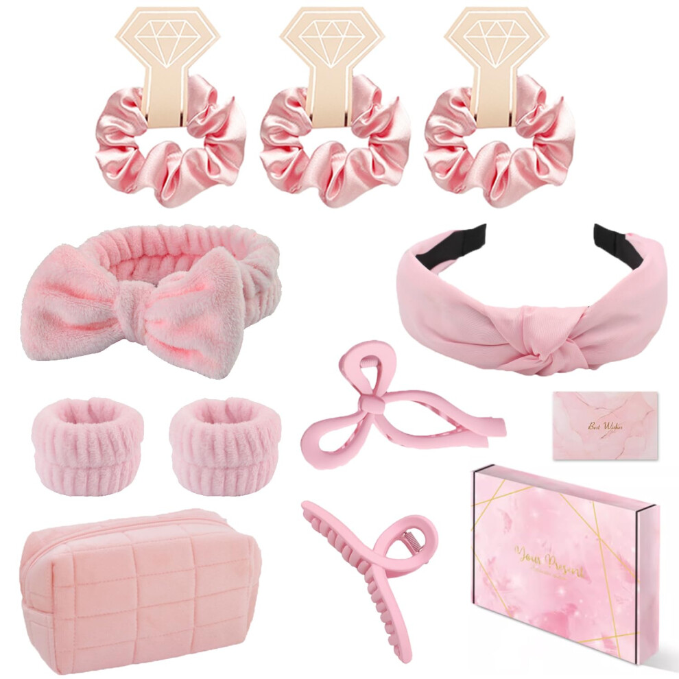 Musejoy Spa Headband And Wristband Set Top Knotted Headbands Big Hair Claw Clips Butterfly Hair Accessories Satin Silk Scrunchies Quilted Makeup Bag Blank Car
