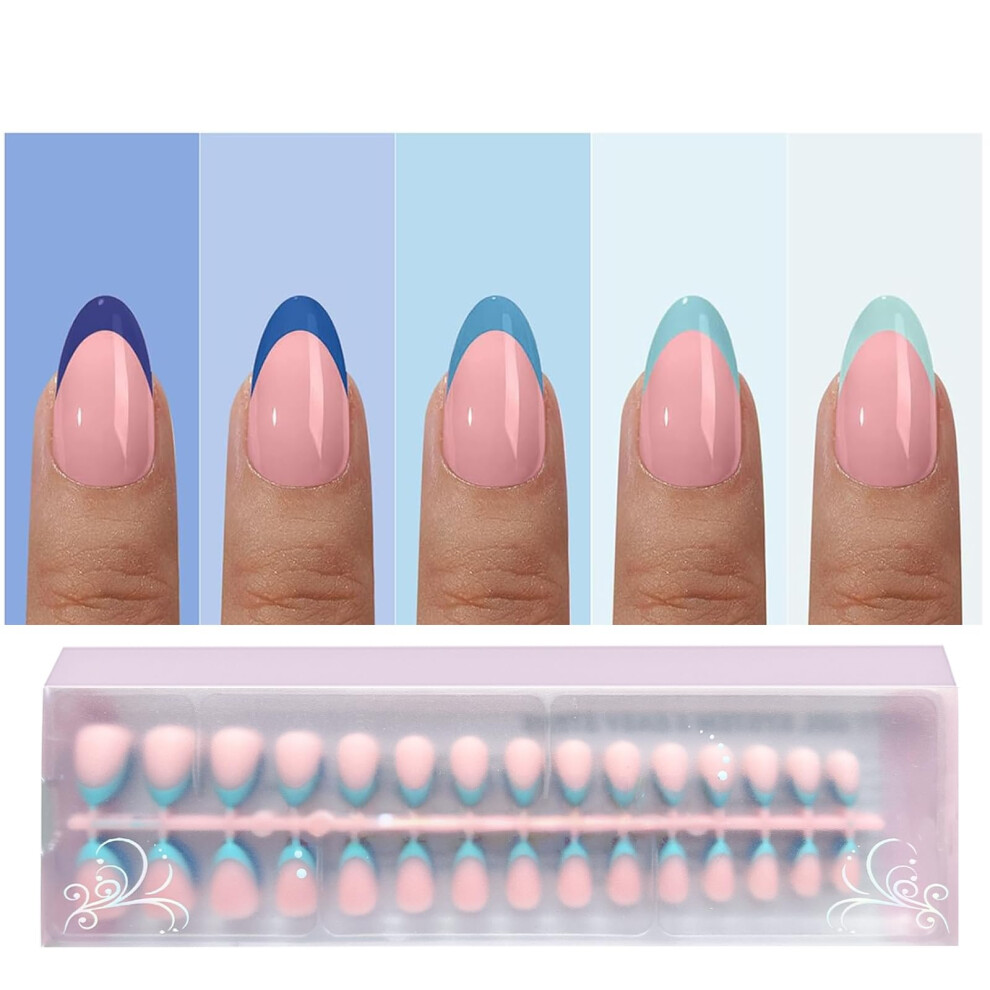Jsiallye Blue French Tip Press On Nails,150Pcs French Press On Nails Extra Short Almond,No Need To File 4 In 1 Gel Nail Tips Pre-Lasting,Soak Off Fals