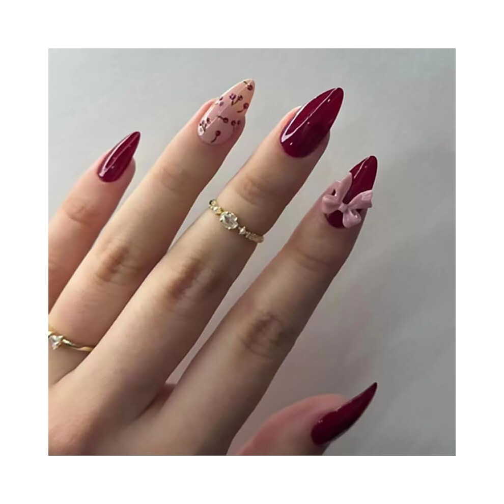 Clyhltmz Red Short Almond Press On Nails Wine Full Cover False Nails With Bowknot Design Glossy With Cherry Design Acrylic Glue On Nails Removable Stick On Nai