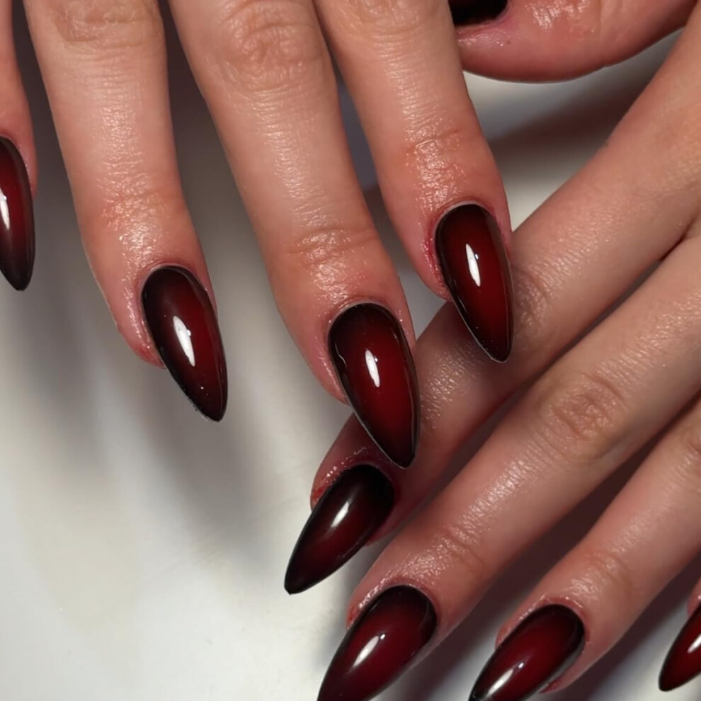 Sxvme Black,Red Ombre Black Red Nails Press On, French Press On Nails Medium Almond Shaped Glue On Nail Long Fake Nails, Thick Acrylic False Nails Glossy Blush
